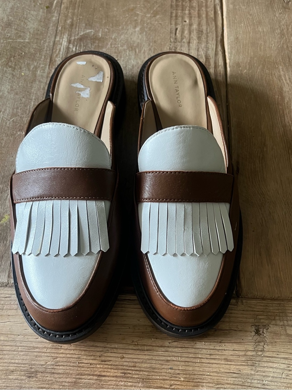 Ann Taylor Two-Tone White and Brown Fringe Slip-On Loafers